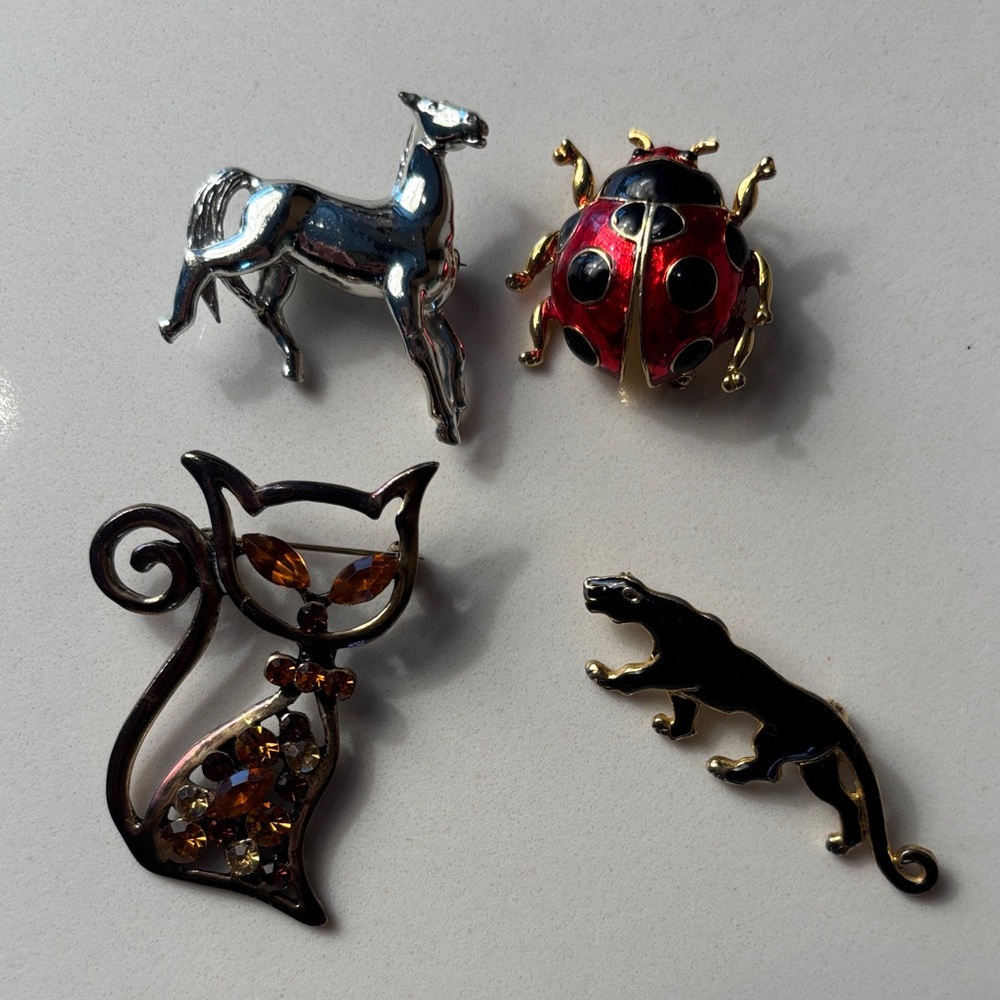 Vintage Animal Brooch Lot Cat Panther Horse Ladybug Enamel granny core